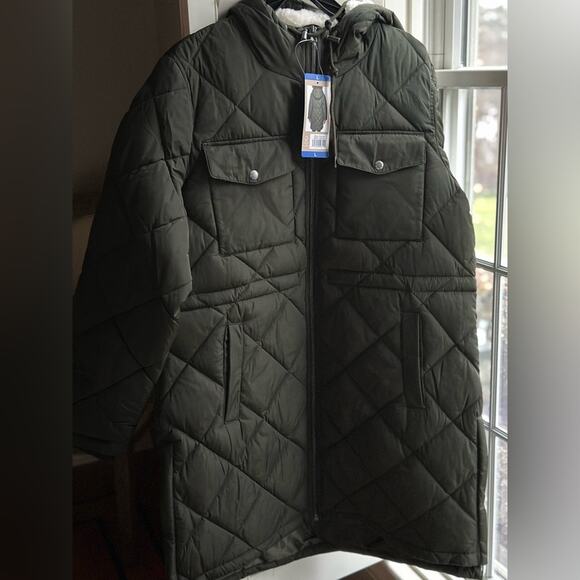 Levi's Women's Soft Sherpa Lined Diamond Quilted Long Parka Green Jacket NWT - Picture 3 of 11